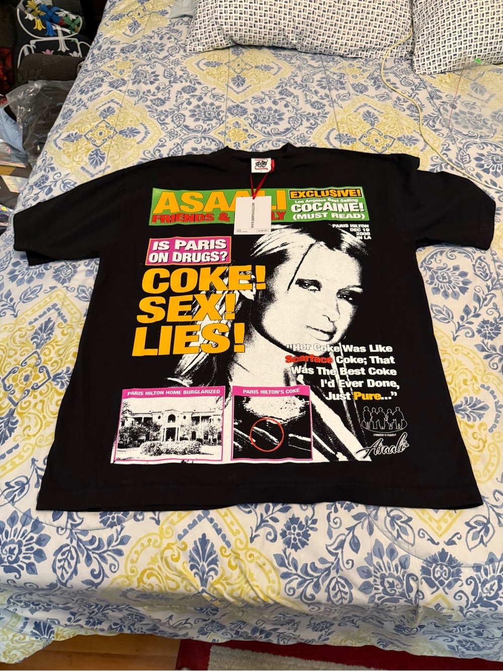 Asaali Paris Hilton Black Graphic Tee with Yellow, Green & Red Print